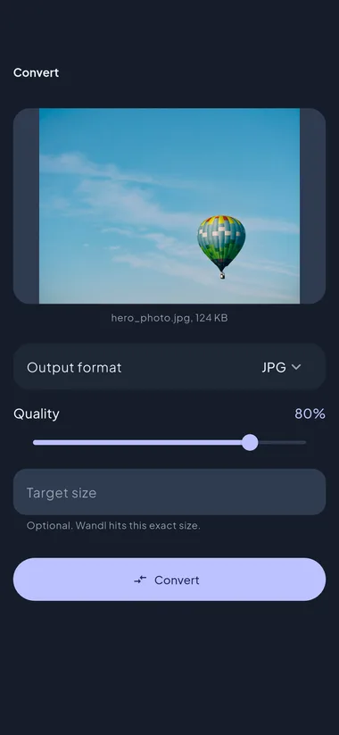 Wandl – convert screen: target format, quality and exact target size